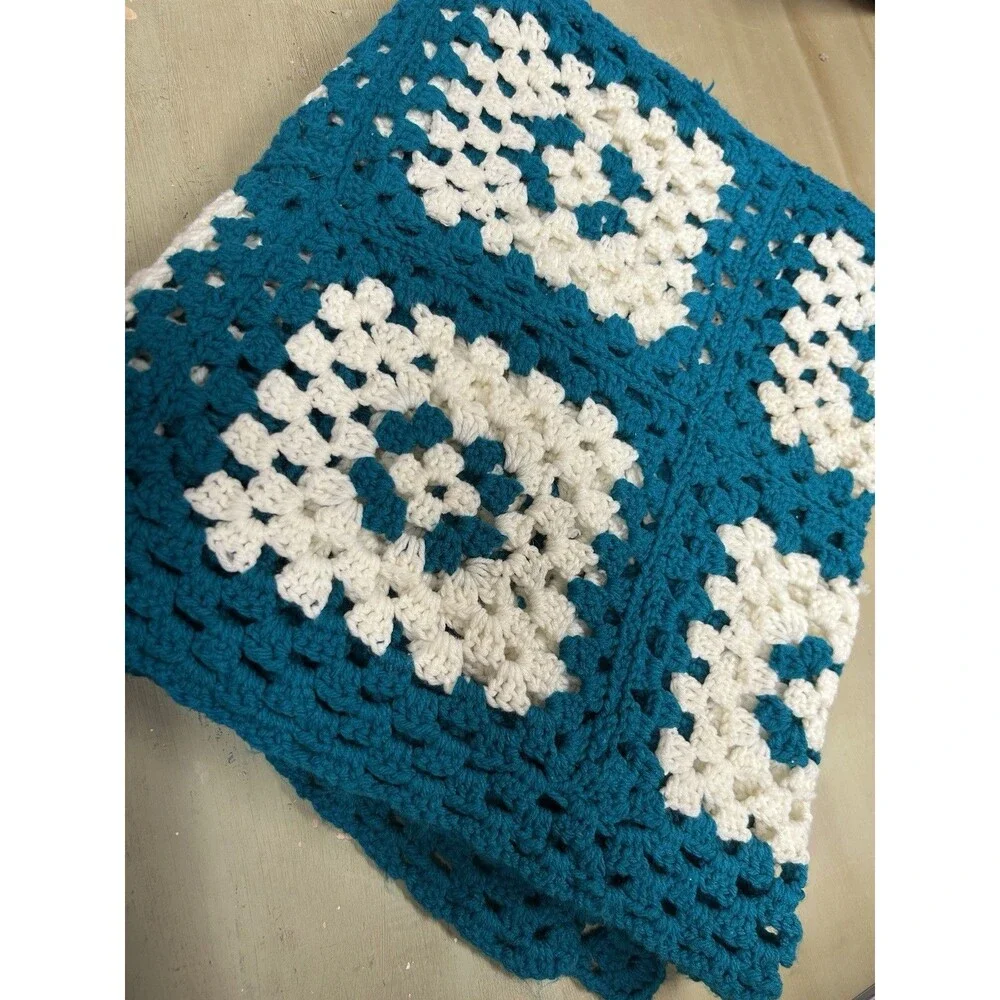 Handmade Crochet Throw Blanket Twin Size Teal Cream Granny Squares